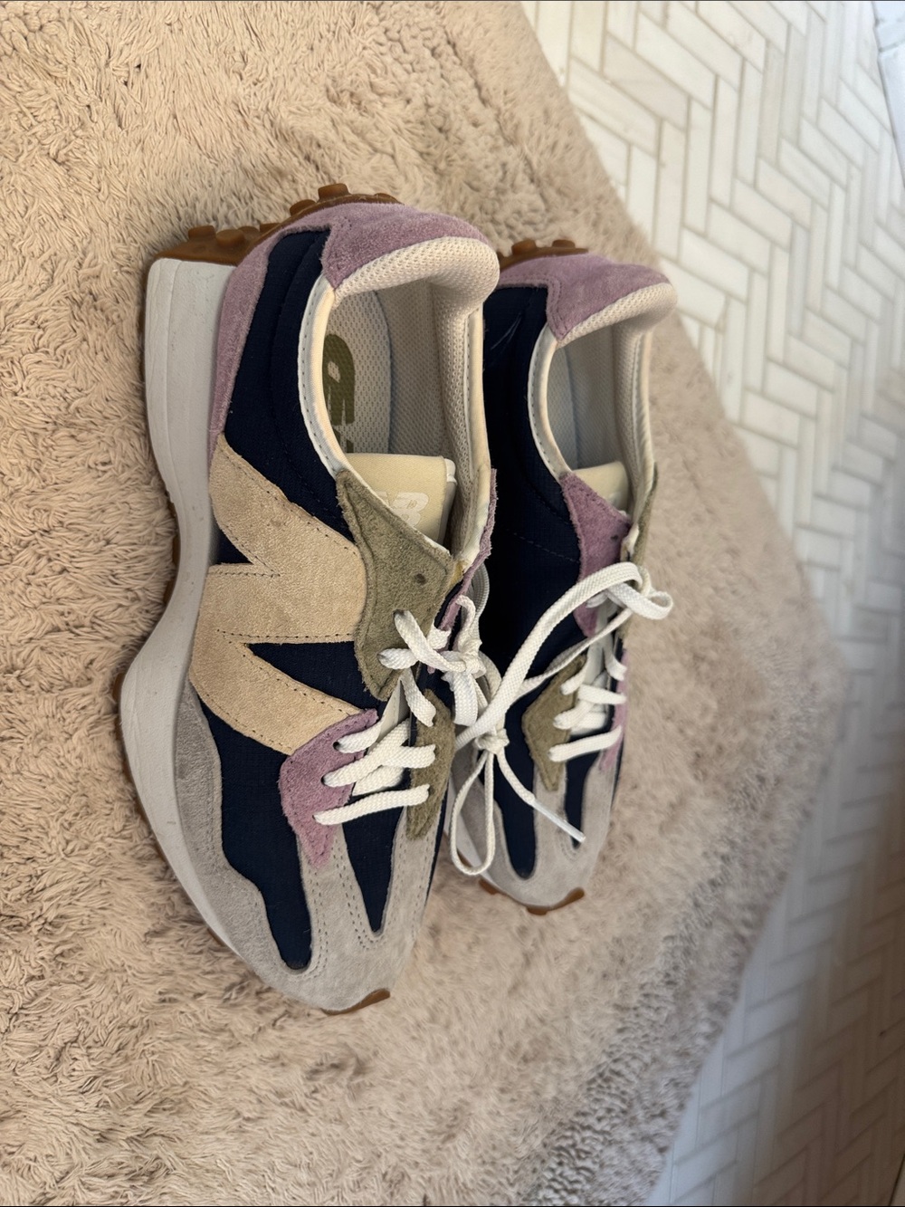 New Balance 327 Navy, Beige and Lavender Suede-Trim Sneakers